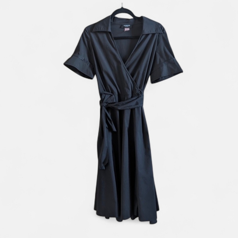 Alyn Paige Black Wrap Shirt Dress Womens Size Large Fit & Flare Midi Short Sleev